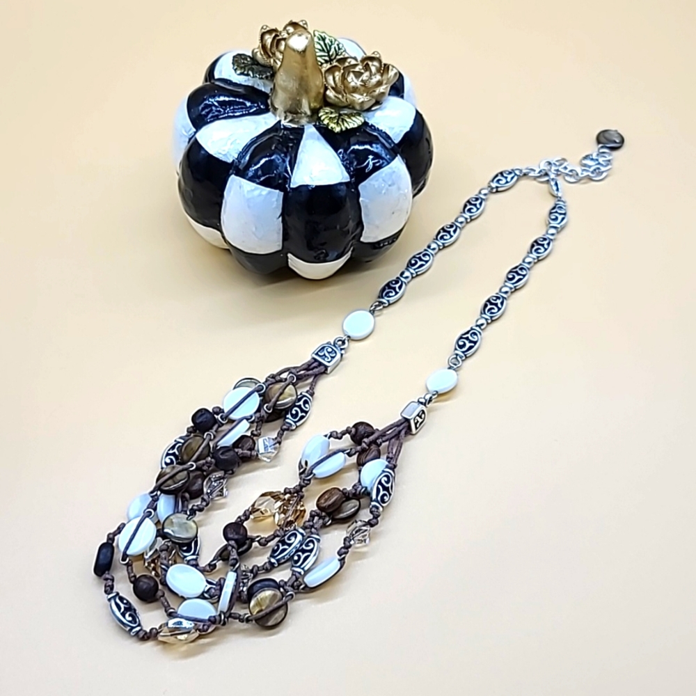 Brighton "RIVIERA" 5-Strand Shell & Wood Beaded Neck w Swarovski Crystals